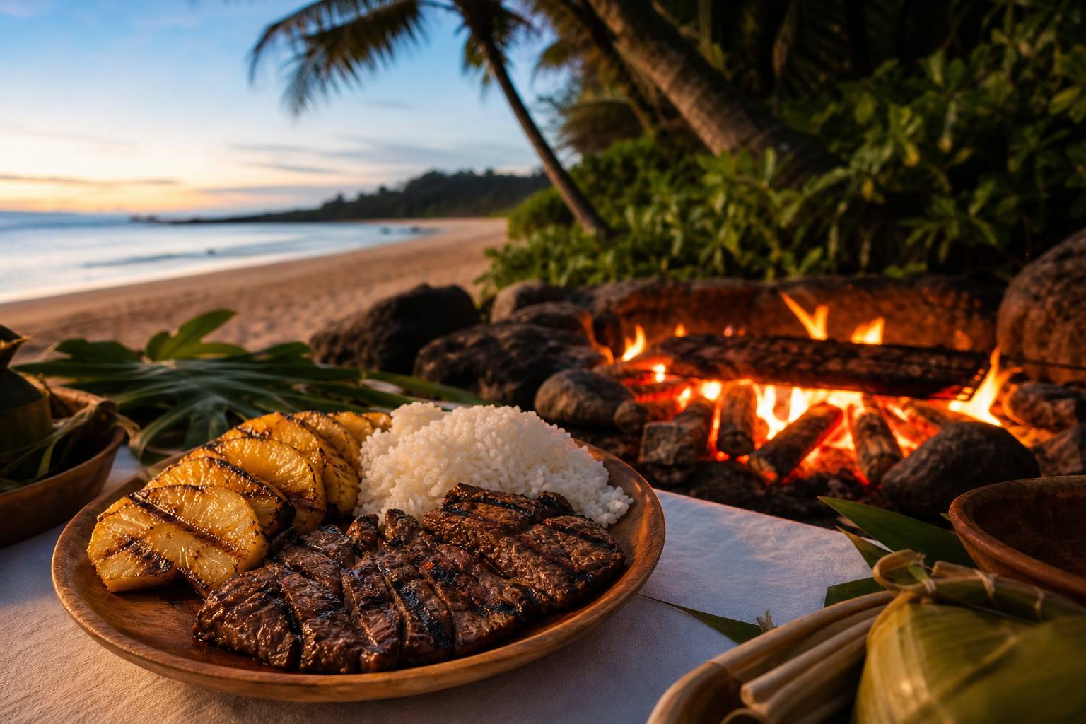 Assiette de pulehu steak grillé accompagné de riz et d'ananas grillé sur la plage