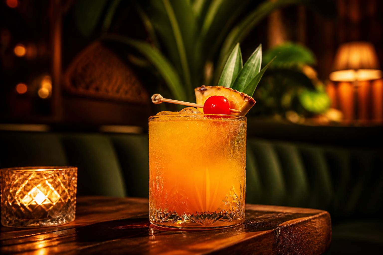 Cocktail exotique servi dans un bar cache de Honolulu a la lumiere tamisee des bougies
