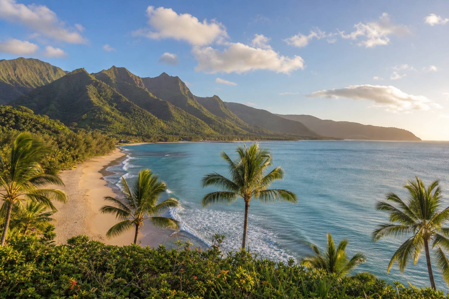 Baie de Hanalei à Kauai avec son eau turquoise et ses palmiers