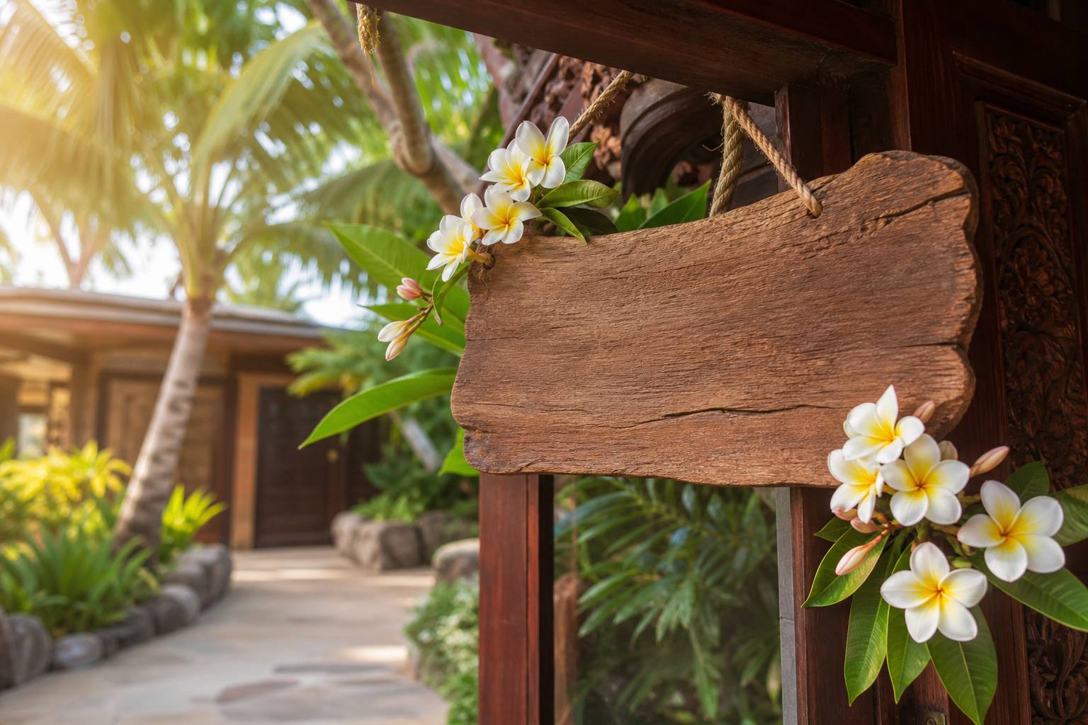 Panneau décoratif E komo mai avec fleurs de plumeria sur porte en bois hawaïenne