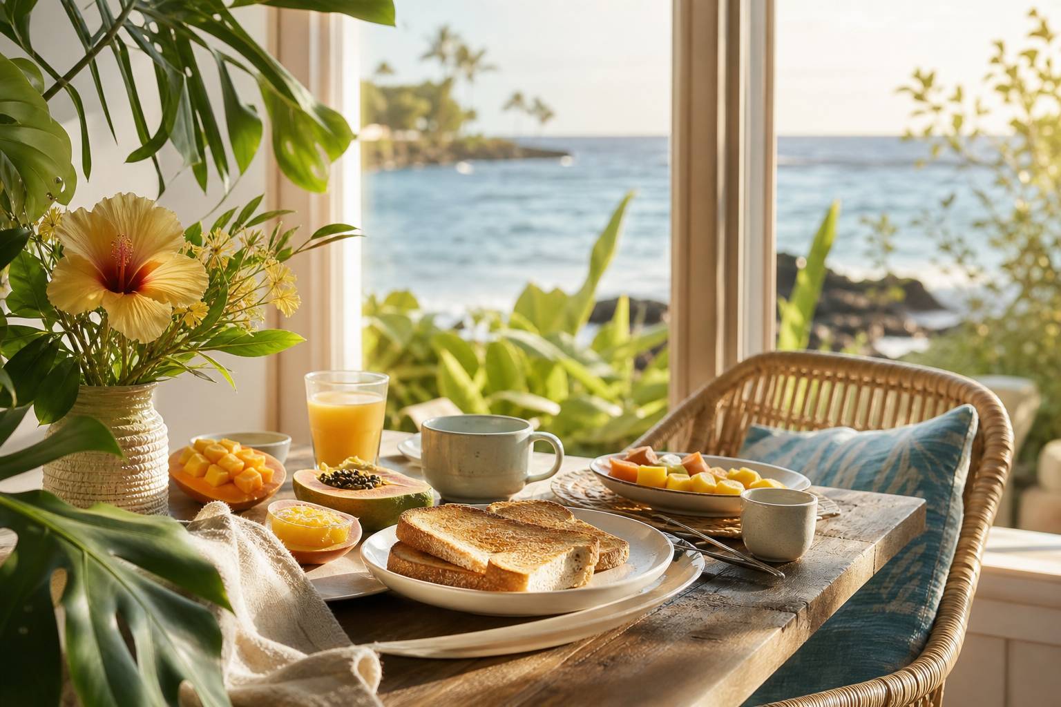 Petit-déjeuner hawaïen avec pain grillé et beurre de lilikoi vue sur l'océan