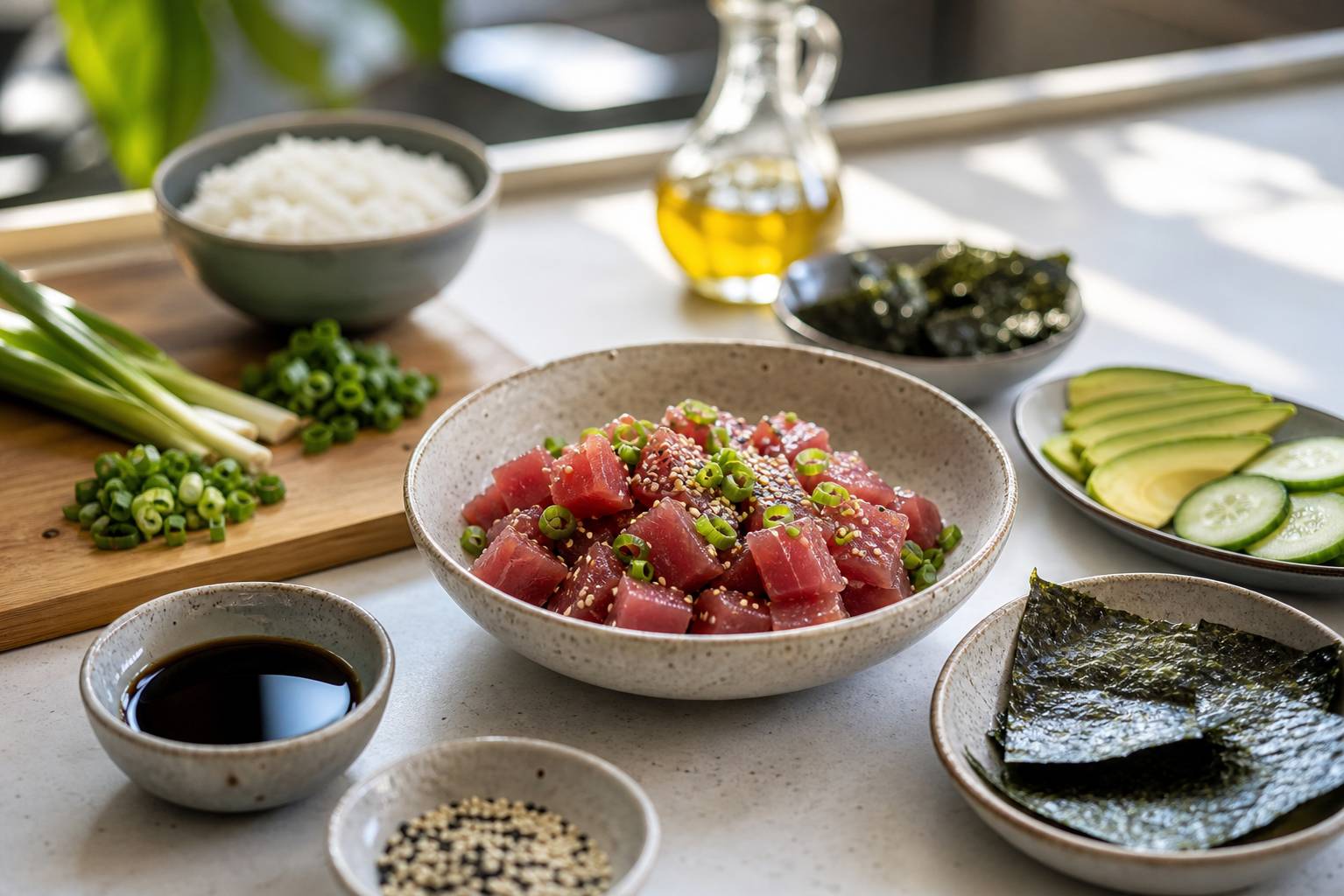 Ingredients frais pour recette de poke d'ahi epice disposes sur un plan de travail hawaien