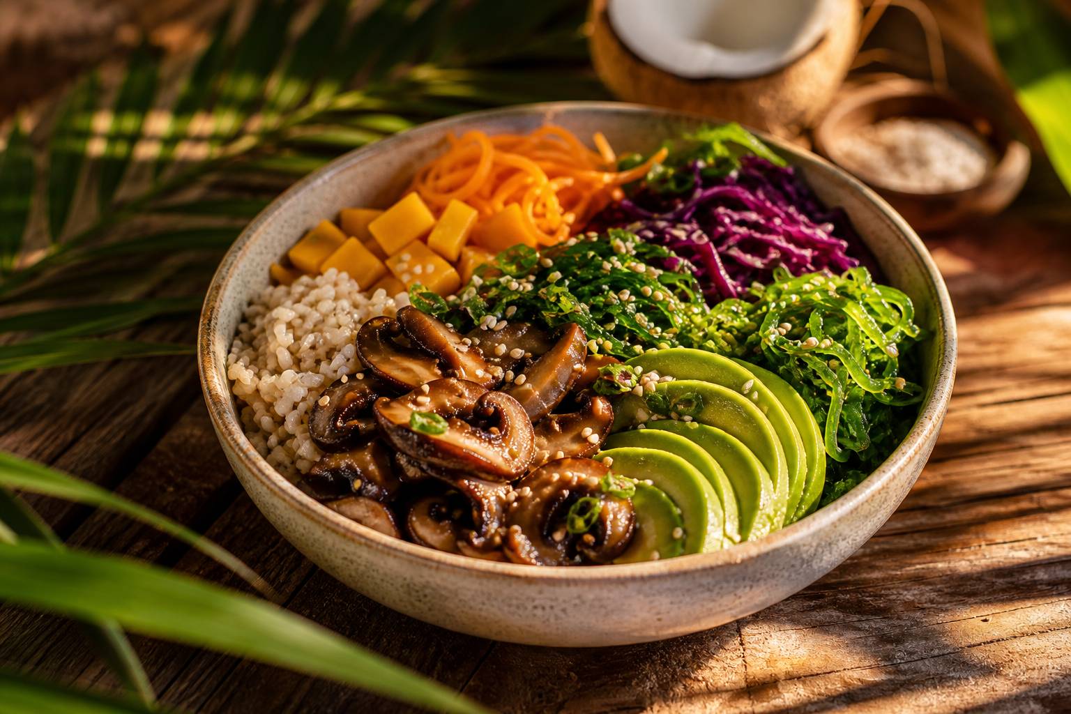 Bol de poke végétal champignons avocat algues illustration recette